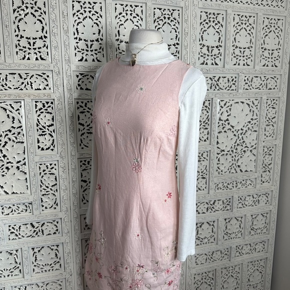 Vintage Light Pink Floral Embroidered Linen Blend Sleeveless Dress Sz Small - Picture 4 of 7
